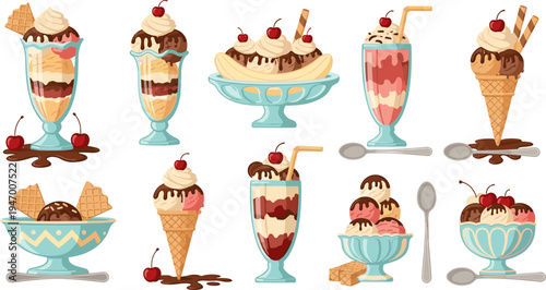 Ice Cream Sundae and Dessert Vector Collection with Banana Split, Milkshake, Waffle Cone, Cherry Topping and Chocolate Syrup Sweet Treat Illustrations