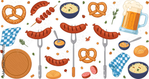 Oktoberfest Food and Beer Vector Illustration with Pretzels, Grilled Sausages on Forks, Beer Mug, Bavarian Napkin Pattern and Traditional German Snacks