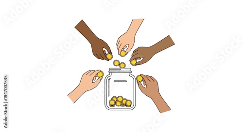 Diverse hands putting coins into jar.