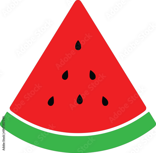 Juicy slice of watermelon with vibrant green rind and red flesh featuring black seeds