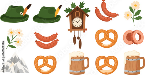 Traditional German Oktoberfest Icon Set with Bavarian Hat, Pretzel, Beer Mug, Sausage, Cuckoo Clock, Alpine Mountains and Edelweiss Flower Vector Collection