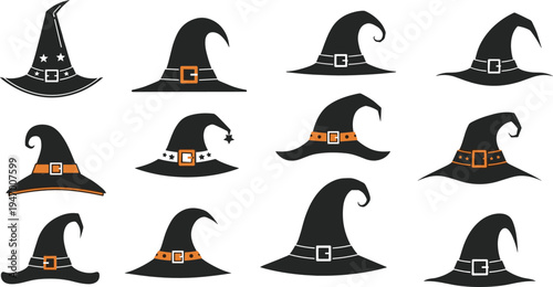 Collection of spooky witch hats with buckles stars and curved tips Halloween costume accessory silhouettes vector illustration set