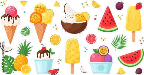 Tropical Summer Ice Cream and Fruit Dessert Vector Set with Watermelon, Pineapple, Coconut, Citrus Slices and Colorful Frozen Treat Illustrations