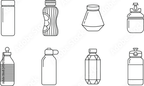 Water bottle line art icons set, reusable drink containers outline illustration collection, beverage packaging vector design