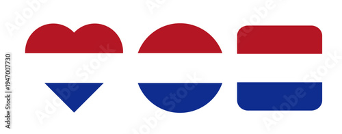Netherlands national flag in the shape of heart, circle and rounded square. Flat vector illustration of Netherlands official flag.