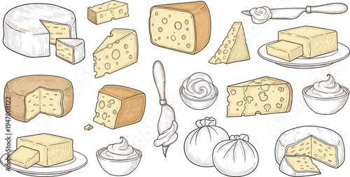 Cheese and Dairy Products Hand Drawn Vector Illustration Set with Butter, Cream, Mozzarella Bags and Various Cheese Blocks