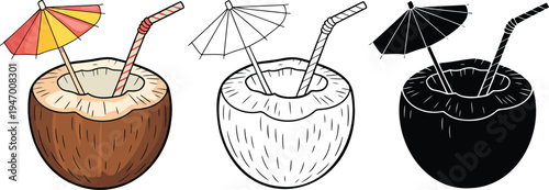 Coconut drink silhouette & Outline and illustration set isolated on transparent background
