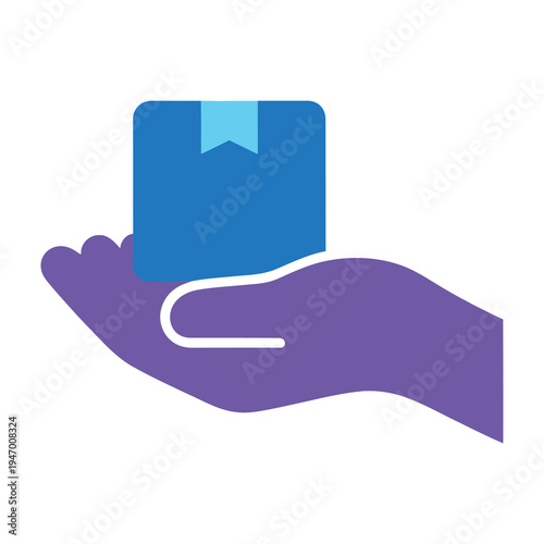 Hand holding blue gift box with light blue ribbon on white background minimalist design delivery concept e commerce packaging