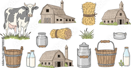 Vintage Dairy Farm Vector Illustration Set with Cow, Barn, Milk Bottles, Wooden Buckets, Hay Bales and Rustic Agriculture Elements