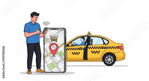 Man with smartphone and taxi.