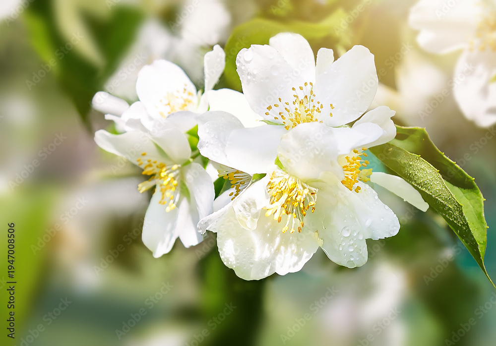 Fototapeta premium Fresh blooming white flowers of jasmine bush with dew drops on summer day. Tender wet blossoming jasmine in spring garden. Beauty in nature, mother's, woman's day, love holidays, anniversary. 