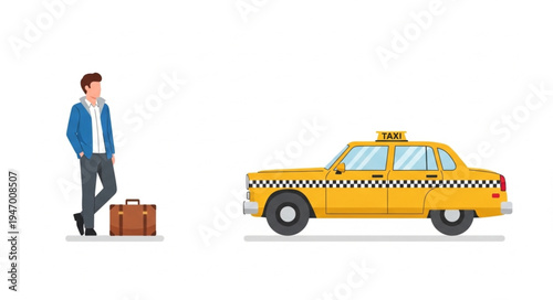 Man with suitcase and taxi.