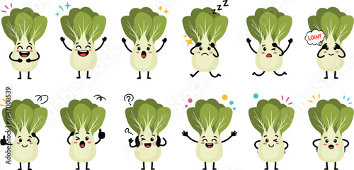 Cute bok choy cartoon characters showing different emotions happy sad sleepy love surprised vegetable mascot vector illustration set