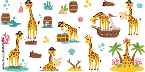 Cute Cartoon Giraffe Pirate Adventure With Treasure Chest, Ship And Island, Adorable Animal Buccaneer Character Vector Illustration Collection