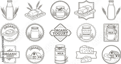 Organic Dairy Farm Badge and Label Vector Set with Milk Bottle, Yogurt Jar, Butter, Cheese and Wheat Vintage Outline Emblems