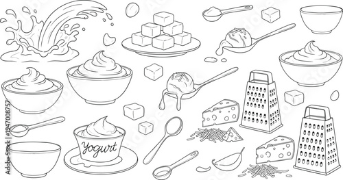 Dairy Food Hand Drawn Vector Illustration Set with Yogurt, Milk Splash, Cheese, Sugar Cubes, Spoon and Kitchen Ingredients Outline Collection