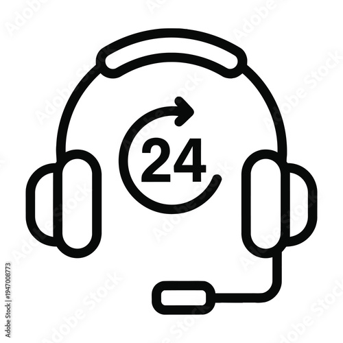 Modern headset icon with circular arrow and continuous support symbol emphasizing 24 hour availability for customer service and technical assistance in sleek black and white line art style