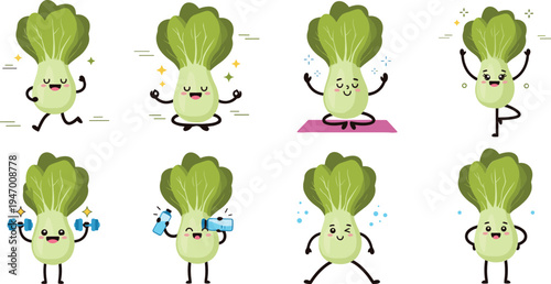Cute bok choy cartoon mascot exercising yoga, running and lifting weights healthy vegetable fitness character vector illustration set