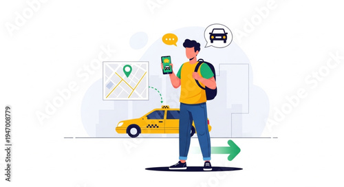 Man with yellow taxi smartphone.