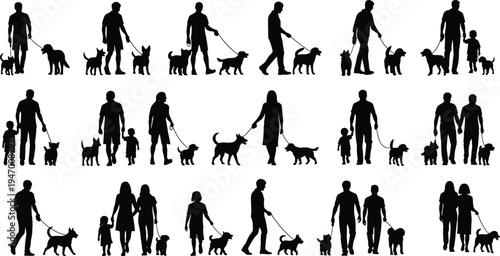 People walking with dogs silhouettes collection, men women and children with pets on leash, human and dog lifestyle set