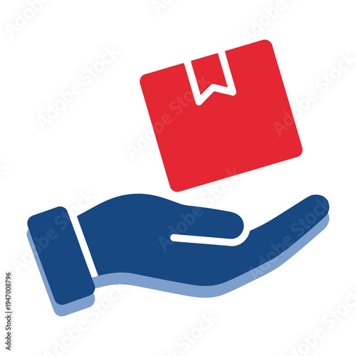 A vibrant graphic hand holding a bright red package adorned with a sleek white ribbon and minimalist bow symbolizing gift giving delivery and festive presentation in a clean modern flat design