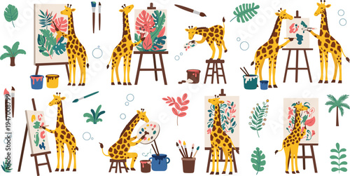 Cute Cartoon Giraffe Artist Painting Tropical Plants On Canvas With Brushes And Palette, Adorable Animal Painter Vector Illustration Collection