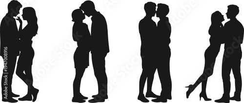 Romantic couples silhouettes kissing and embracing, love relationship concept with affectionate poses, minimal black figures isolated on light background, romance and intimacy theme illustration