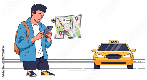 Man with phone and taxi.