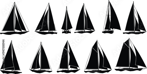 Sailboat silhouettes collection, classic sailing yachts and boats with sails on sea, nautical marine transport icons isolated for travel design