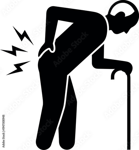 Elderly Man Icon with Lower Back Pain and Walking Stick: Concept for Sciatica, Arthritis, and Senior Healthcare