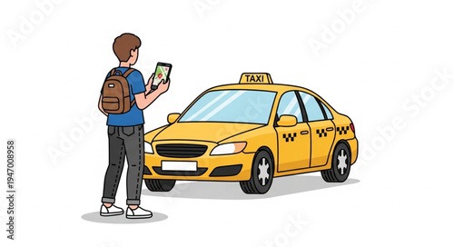 Man with phone near taxi.