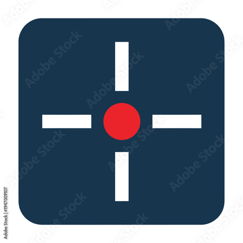 Minimalist flat design stop sign icon featuring bold central red circle with crisp white crossbars set against a sleek dark blue square background for modern user interface graphics and digital
