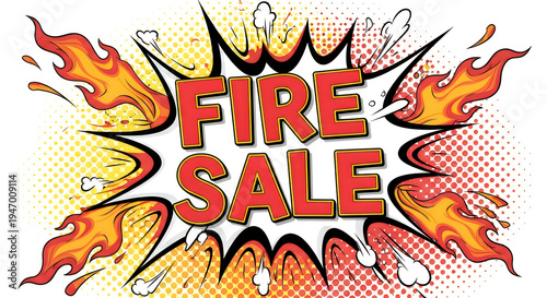 Pop Art Fire Sale Banner with Comic Explosion Bubbles and Cartoon Flames Vector Illustration