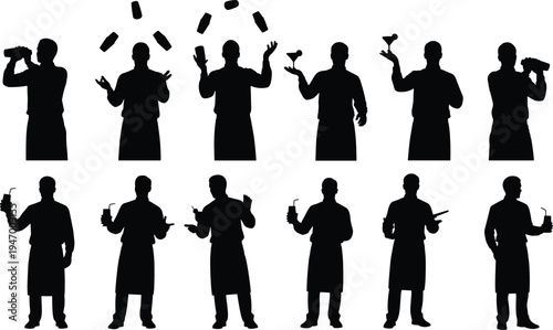 Bartender silhouettes collection, professional barman mixing cocktails, shaking shaker and juggling bottles, bar service characters isolated for beverage design