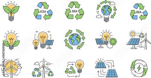Renewable Energy and Sustainability Line Icon Vector Set with Solar Panels, Wind Turbines, Recycling Symbols and Green Eco Innovation