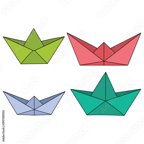 Hand-drawn cartoon set of origami colored paper boats on a white background.