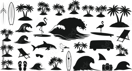 Beach and surfing silhouettes set with palm trees, ocean waves, surfboards, shark, seagull and summer vacation elements vector illustration isolated collection