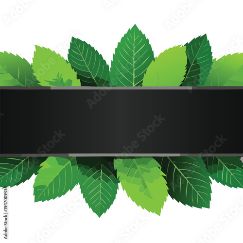 Green leaves and black banner graphic design element on white background