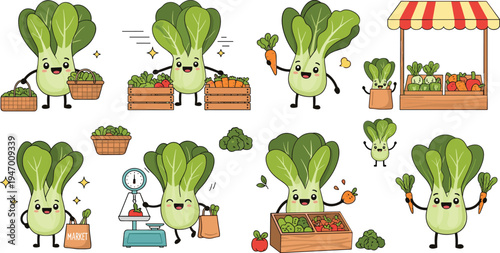 Cute bok choy farmer characters selling fresh vegetables at market harvesting organic produce cartoon mascot vector illustration set