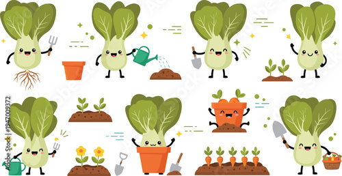 Cute bok choy gardening characters planting watering harvesting vegetables cartoon garden mascot vector illustration collection set
