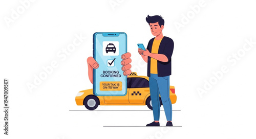 Man with smartphone and taxi.