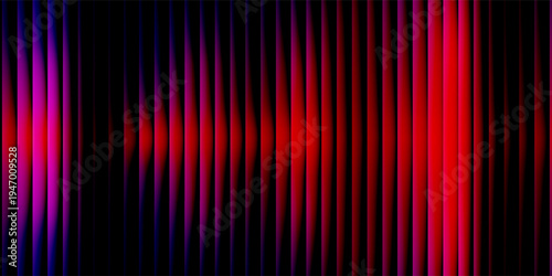 3d transparent ribbed glass background with refraction and holographic effect. Reeded glass with rainbow gradient. Render of corrugated wall with overlay reflection light on dark.