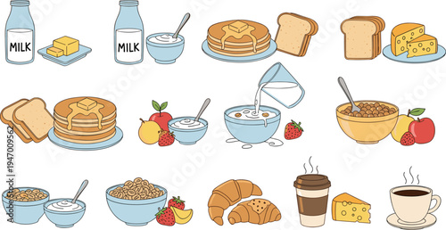 Breakfast Food and Dairy Meal Vector Illustration Set with Milk, Pancakes, Bread, Cereal, Croissant, Coffee and Healthy Morning Menu Items