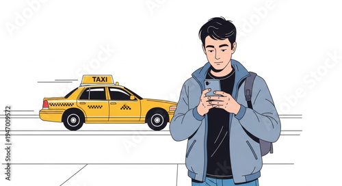 Man with smartphone and taxi.