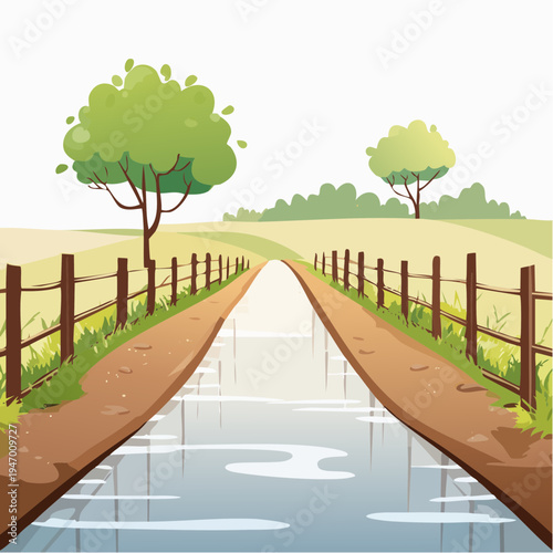 A gentle canal flows through a sun-drenched rural landscape bordered by fences and trees