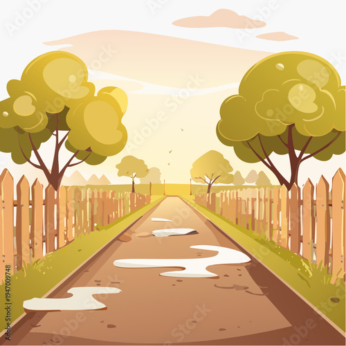 Country road with puddles after rain under a warm sunset sky