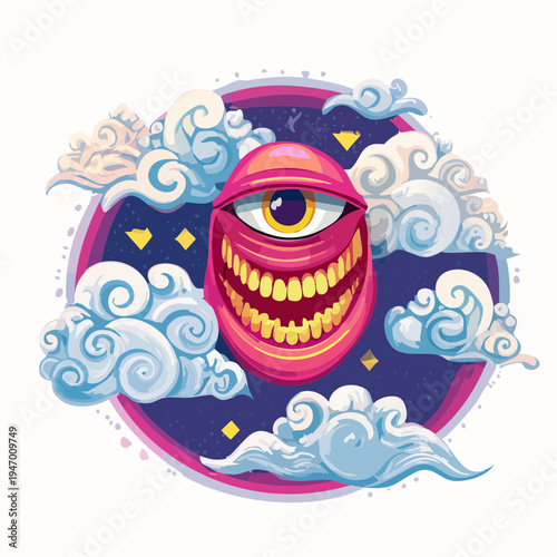 Whimsical cyclops creature with a wide, toothy smile floating among fluffy clouds in a dreamy, cosmic night sky