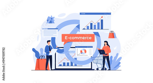 E-commerce Business Growth Strategy, Online Shopping & Digital Marketing Analytics. Modern Flat Vector Illustration of Sales Optimization & Webshop Success
