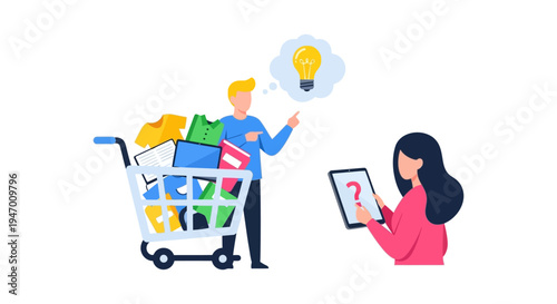 Online Shopping Idea & Decision Making: Man with Lightbulb Suggests Solutions to Woman with Tablet Question