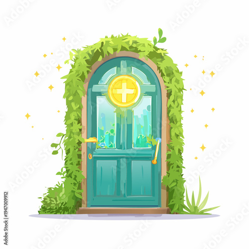 Enchanting Green Doorway with Glowing Cross Symbol, Surrounded by Lush Foliage
